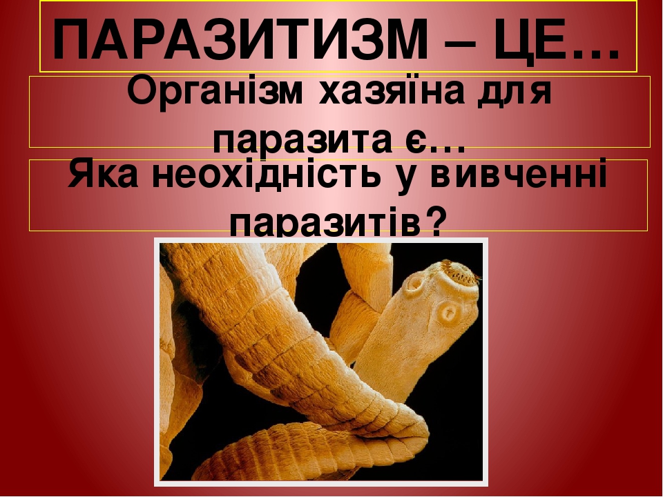 ПАРАЗИТИЗМ – ЦЕ… Організм хазяїна для паразита є… Яка неохідність у вивченні паразитів?