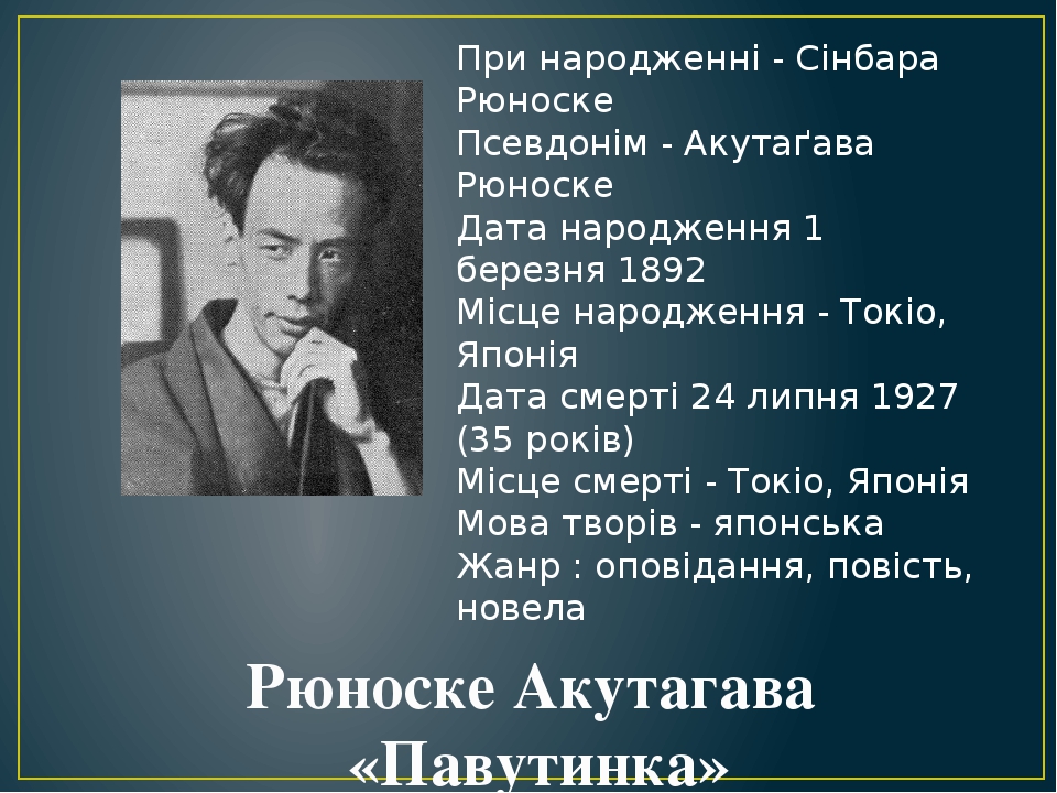 Рюноске Акутагава «Павутинка» При народженні - Сінбара Рюноске Псевдонім - Акутаґава Рюноске Дата народження 1 березня 1892 Місце народження - Токі...