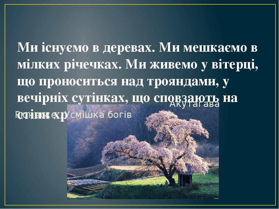 Ми існуємо в деревах. Ми мешкаємо в мілких річечках. Ми живемо у вітерці, що проноситься над трояндами, у вечірніх сутінках, що сповзають на стіни ...