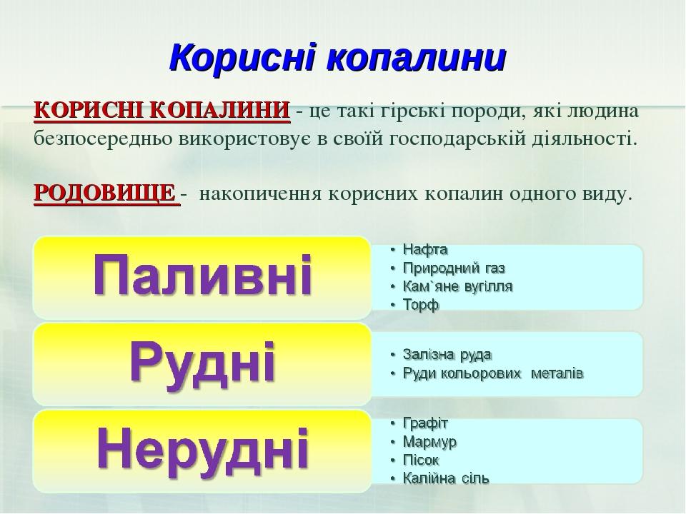 Корисні копалини КОРИСНІ КОПАЛИНИ - це такі гірські породи, які людина безпосередньо використовує в своїй господарській діяльності. РОДОВИЩЕ - нако...