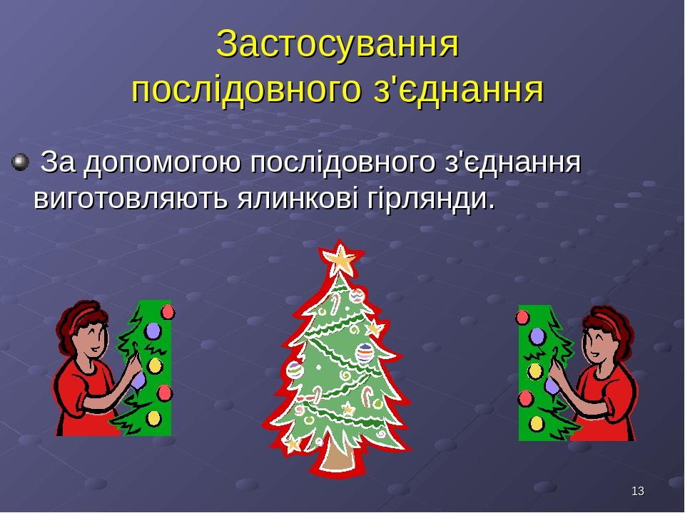 * Застосування послідовного з'єднання За допомогою послідовного з'єднання виготовляють ялинкові гірлянди.