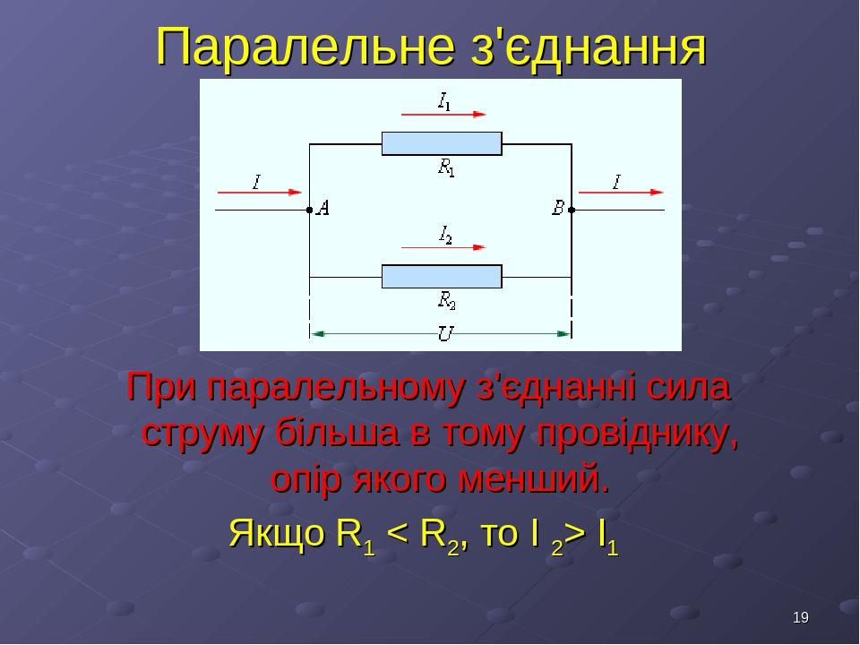 * Паралельне з'єднання При паралельному з'єднанні сила струму більша в тому провіднику, опір якого менший. Якщо R1 < R2, то І 2> I1