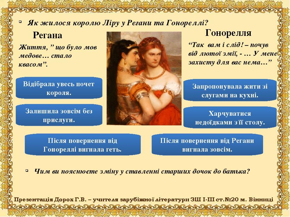 Як жилося королю Ліру у Регани та Гонореллі? Регана Гонорелля Чим ви пояснюєте зміну у ставленні старших дочок до батька? Життя, ” що було мов медо...