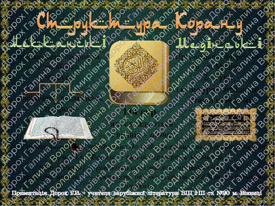 Сури розташовані від найдовших до найкоротших, за винятком першої сури “Аль-Фатіха”, яка відіграє роль молитви. Айят («диво») — ритмічна або смисло...