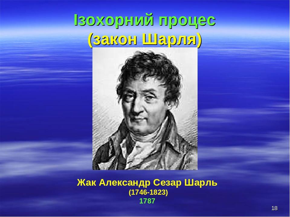 * Ізохорний процес (закон Шарля) Жак Александр Сезар Шарль (1746-1823) 1787