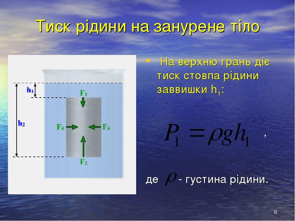 * Тиск рідини на занурене тіло На верхню грань діє тиск стовпа рідини заввишки h1: , де - густина рідини.