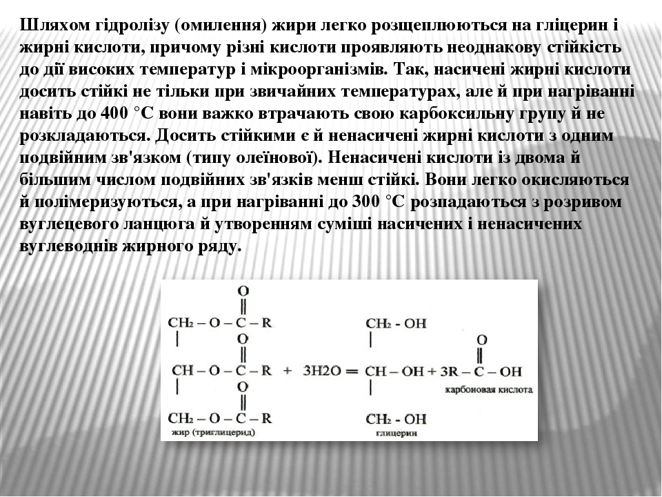 Шляхом гідролізу (омилення) жири легко розщеплюються на гліцерин і жирні кислоти, причому різні кислоти проявляють неоднакову стійкість до дії висо...