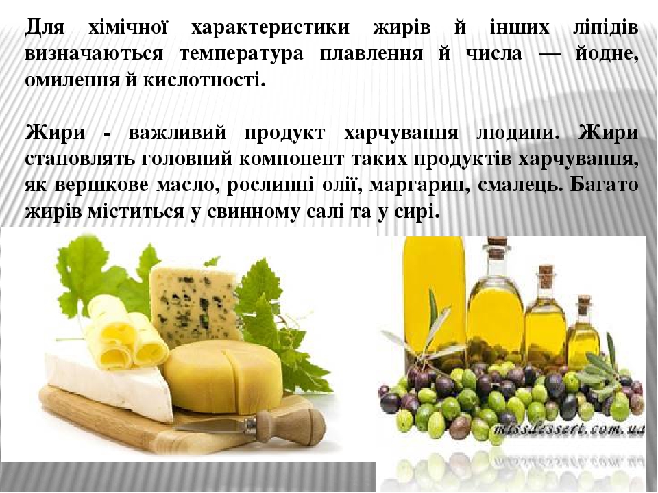 Для хімічної характеристики жирів й інших ліпідів визначаються температура плавлення й числа — йодне, омилення й кислотності. Жири - важливий проду...