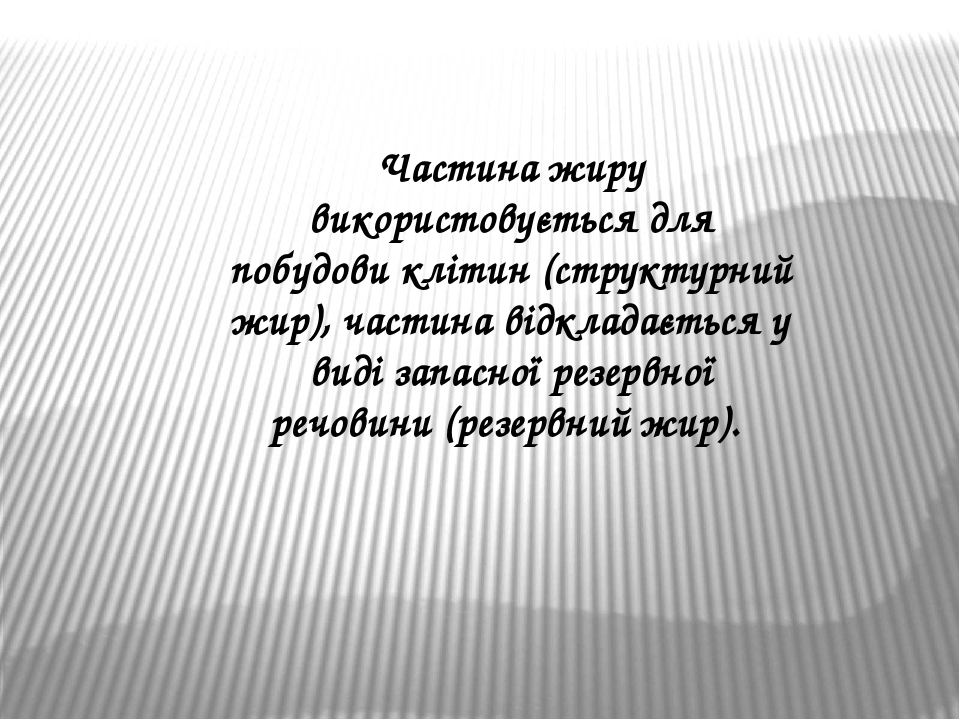 Частина жиру використовується для побудови клітин (структурний жир), частина відкладається у виді запасної резервної речовини (резервний жир).