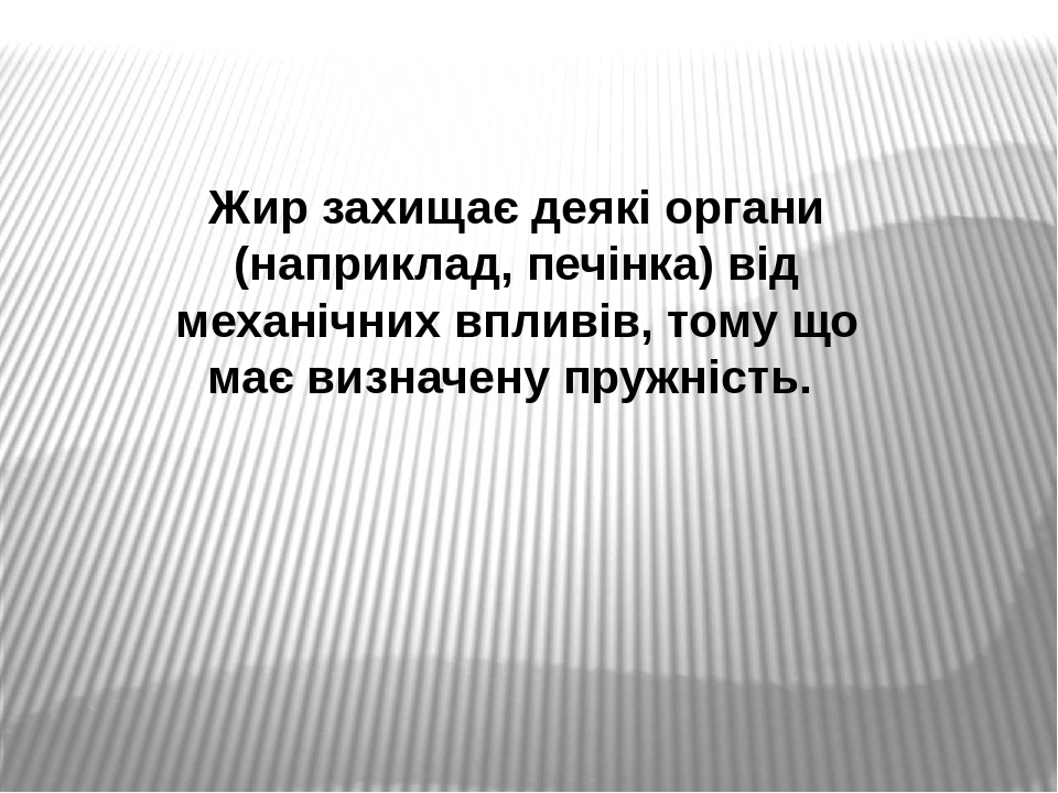 Жир захищає деякі органи (наприклад, печінка) від механічних впливів, тому що має визначену пружність.