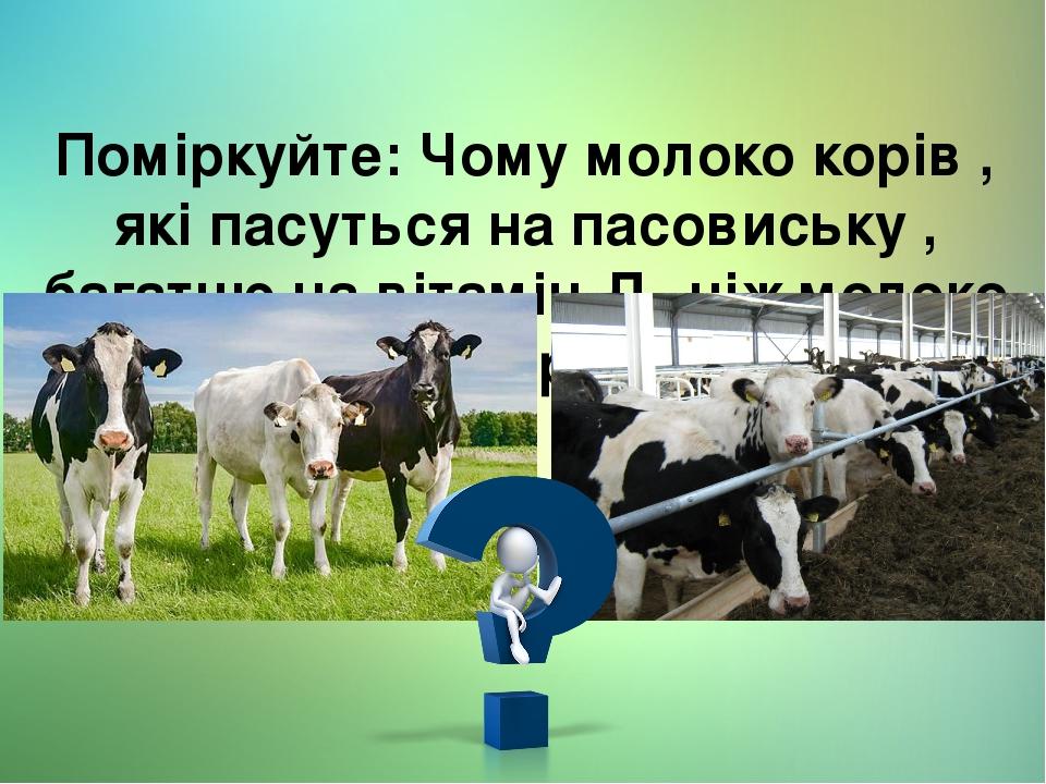 Поміркуйте: Чому молоко корів , які пасуться на пасовиську , багатше на вітамін Д, ніж молоко корів у корівнику?