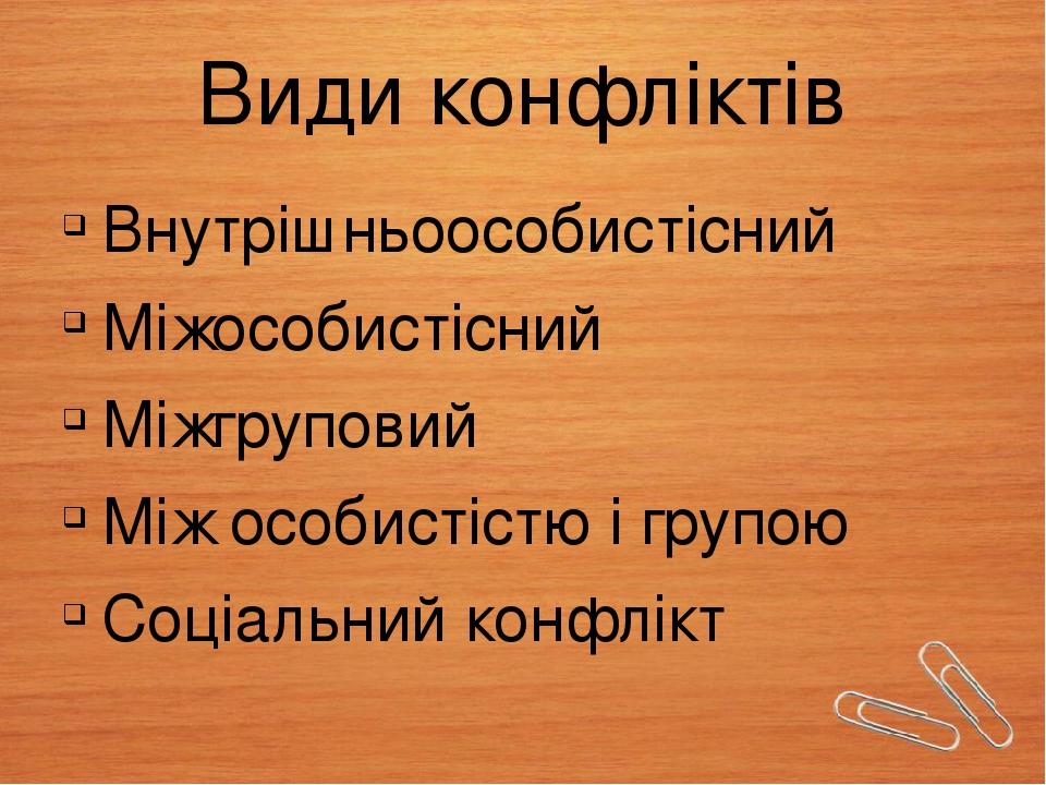 Види конфліктів Внутрішньоособистісний Міжособистісний Міжгруповий Між особистістю і групою Соціальний конфлікт