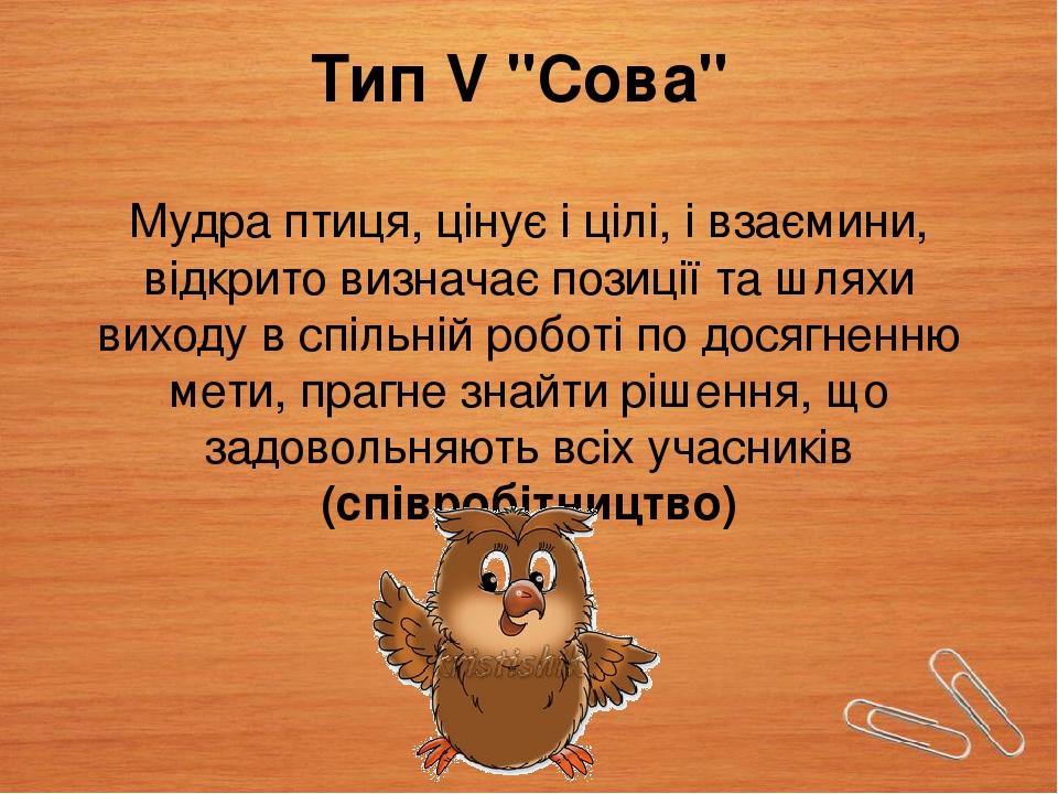 Тип V "Сова" Мудра птиця, цінує і цілі, і взаємини, відкрито визначає позиції та шляхи виходу в спільній роботі по досягненню мети, прагне знайти р...