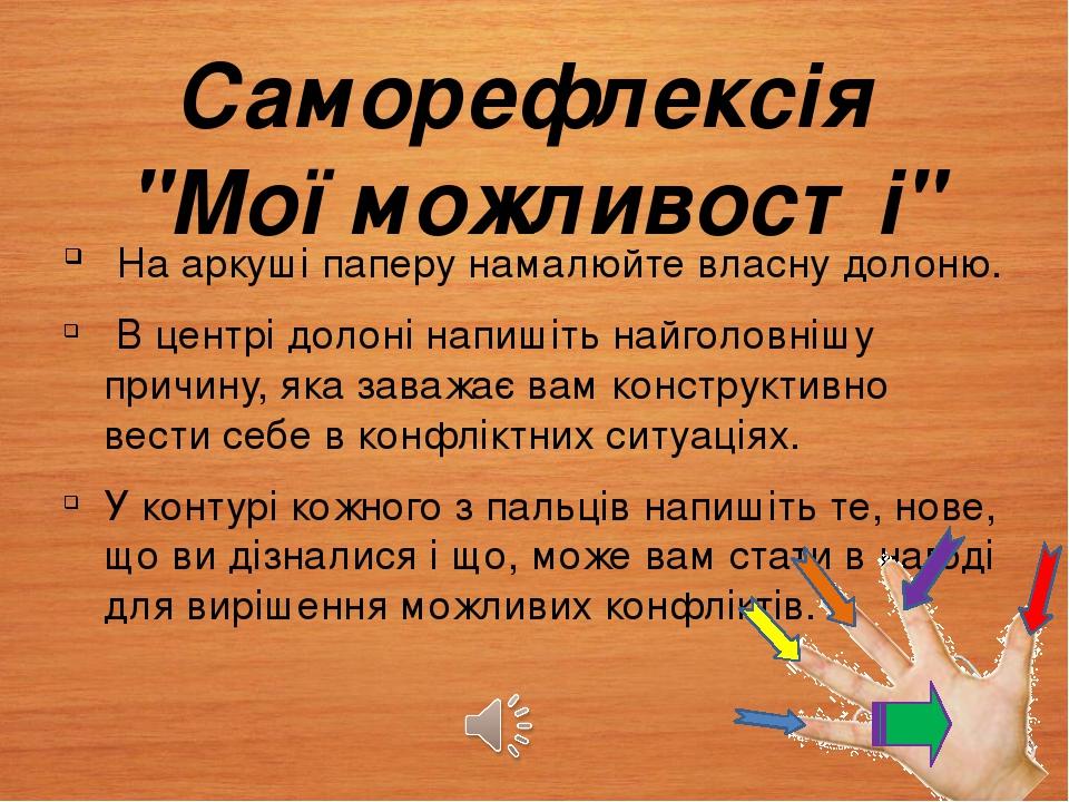 Саморефлексія "Мої можливості" На аркуші паперу намалюйте власну долоню. В центрі долоні напишіть найголовнішу причину, яка заважає вам конструктив...