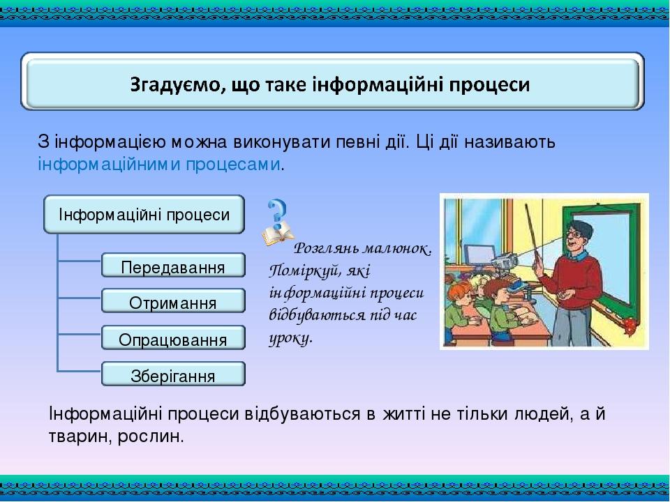 З інформацією можна виконувати певні дії. Ці дії називають інформаційними процесами. Розглянь малюнок. Поміркуй, які інформаційні процеси відбувают...