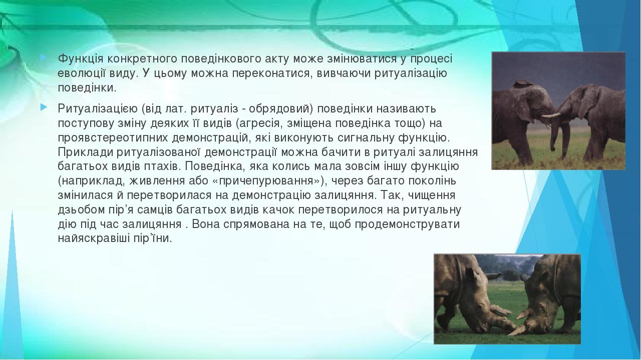 Функція конкретного поведінкового акту може змінюватися у процесі еволюції виду. У цьому можна переконатися, вивчаючи ритуалізацію поведінки. Ритуа...