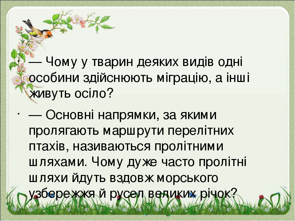 — Чому у тварин деяких видів одні особини здійснюють міграцію, а інші живуть осіло? — Основні напрямки, за якими пролягають маршрути перелітних пта...