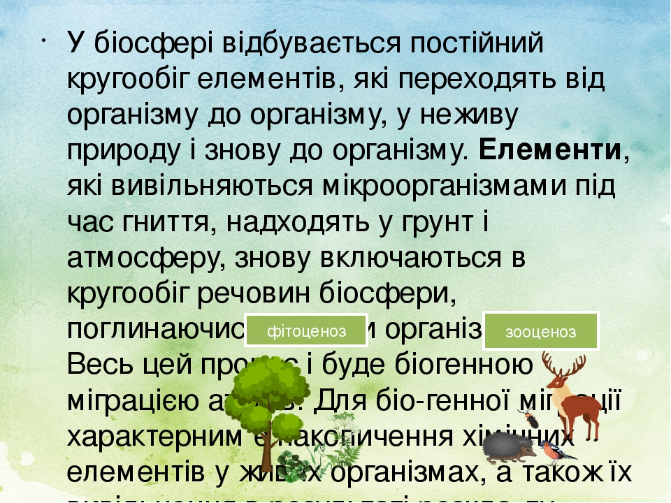 У біосфері відбувається постійний кругообіг елементів, які переходять від організму до організму, у неживу природу і знову до організму. Елементи, ...