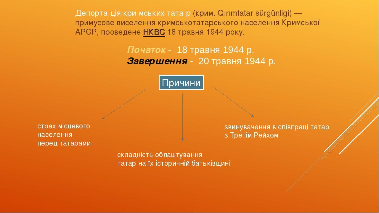 Депорта́ція кри́мських тата́р (крим. Qırımtatar sürgünligi) — примусове виселення кримськотатарського населення Кримської АРСР, проведене НКВС 18 т...