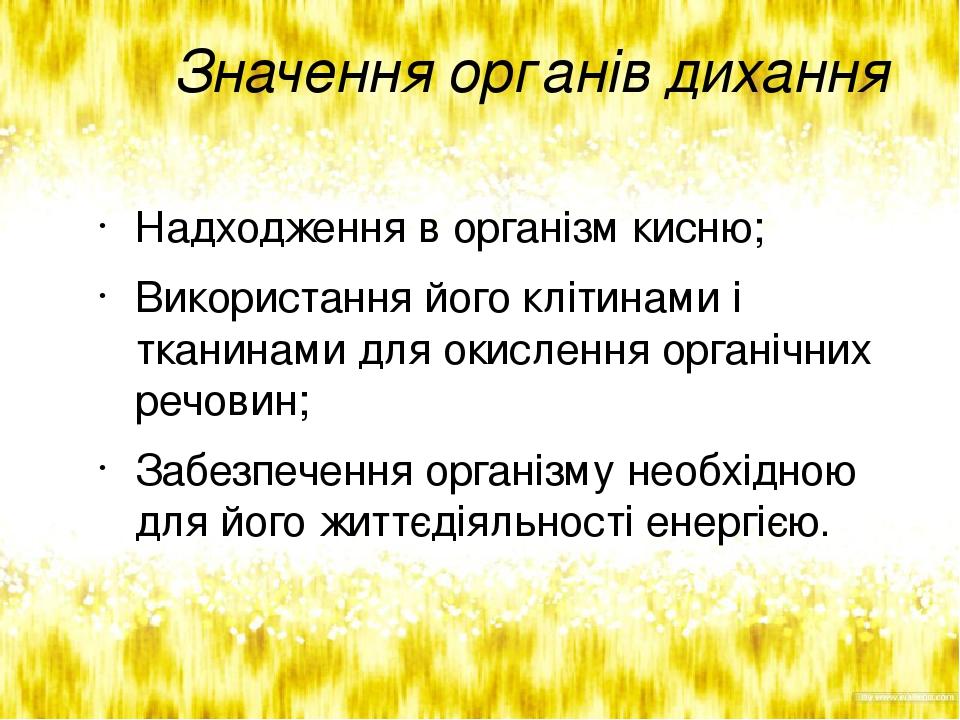 Значення органів дихання Надходження в організм кисню; Використання його клітинами і тканинами для окислення органічних речовин; Забезпечення орган...