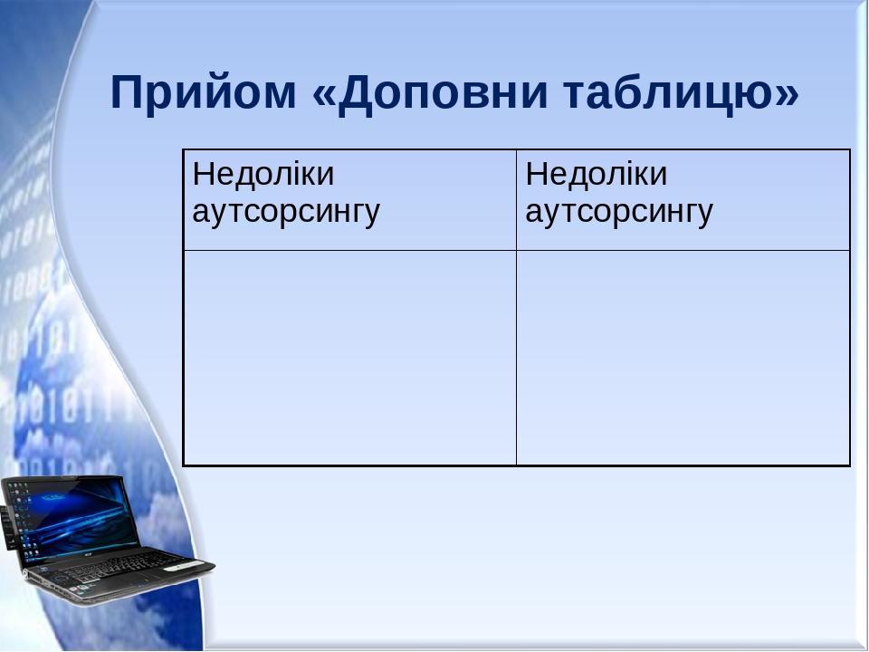 Прийом «Доповни таблицю» Недоліки аутсорсингу Недоліки аутсорсингу