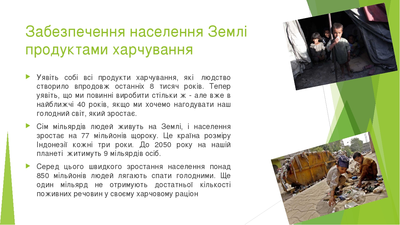 Забезпечення населення Землі продуктами харчування Уявіть собі всі продукти харчування, які  людство створило впродовж останніх 8 тисяч років. Тепе...