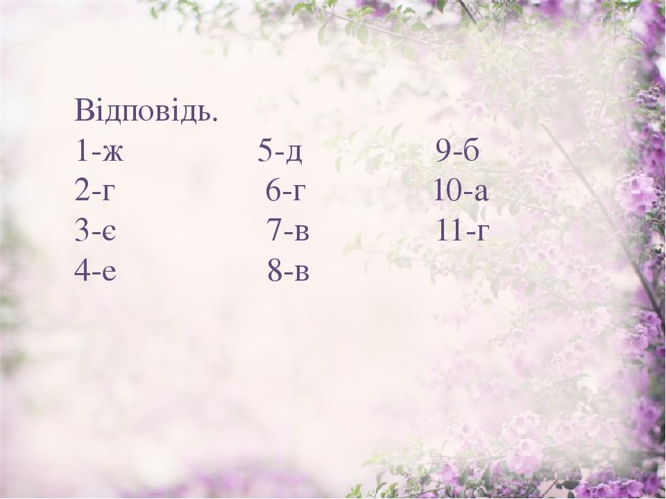 Відповідь. 1-ж 5-д 9-б 2-г 6-г 10-а 3-є 7-в 11-г 4-е 8-в