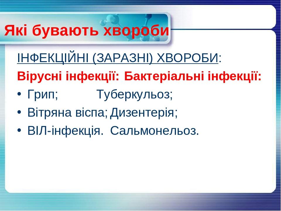 ІНФЕКЦІЙНІ (ЗАРАЗНІ) ХВОРОБИ: Вірусні інфекції: Бактеріальні інфекції: Грип; Туберкульоз; Вітряна віспа; Дизентерія; ВІЛ-інфекція. Сальмонельоз. Як...