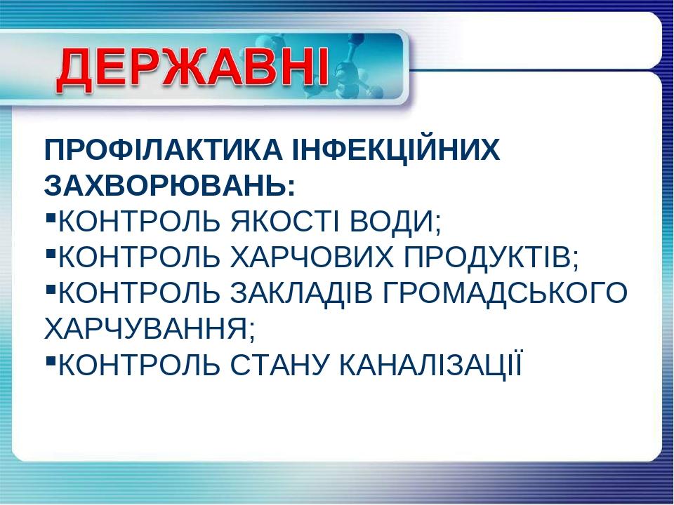 ПРОФІЛАКТИКА ІНФЕКЦІЙНИХ ЗАХВОРЮВАНЬ: КОНТРОЛЬ ЯКОСТІ ВОДИ; КОНТРОЛЬ ХАРЧОВИХ ПРОДУКТІВ; КОНТРОЛЬ ЗАКЛАДІВ ГРОМАДСЬКОГО ХАРЧУВАННЯ; КОНТРОЛЬ СТАНУ ...