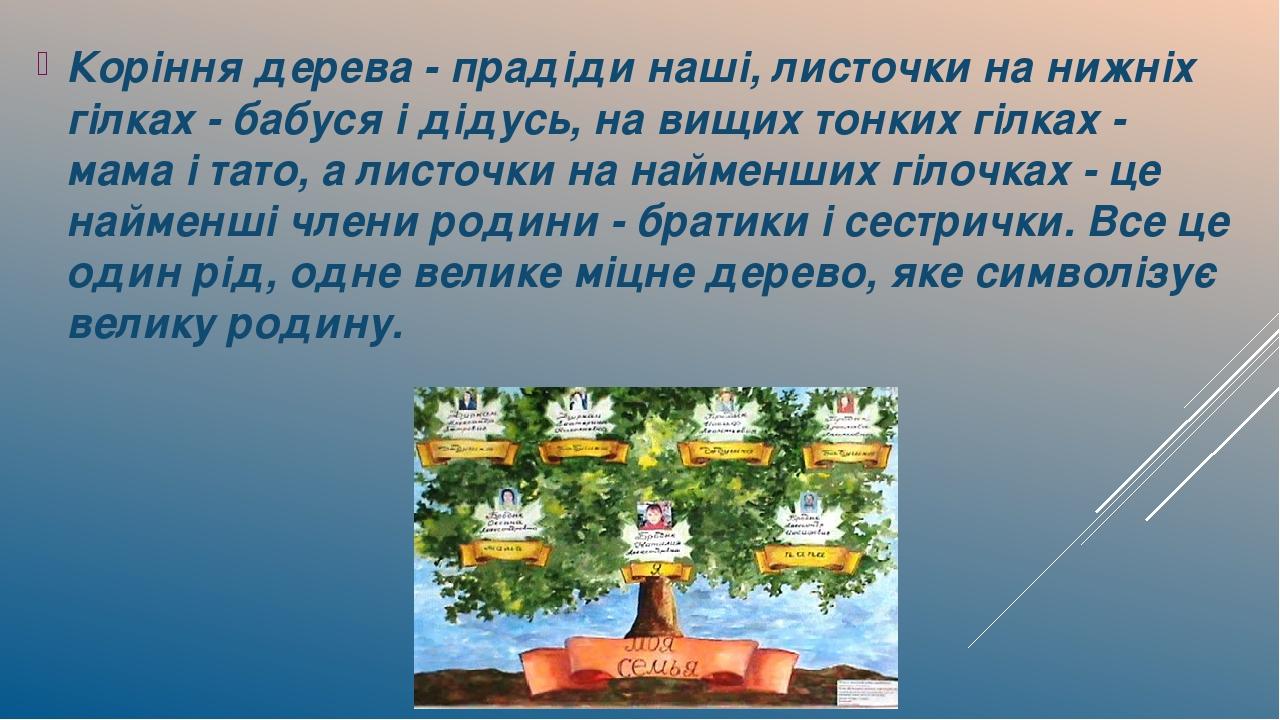Коріння дерева - прадіди наші, листочки на нижніх гілках - бабуся і дідусь, на вищих тонких гілках - мама і тато, а листочки на найменших гілочках ...
