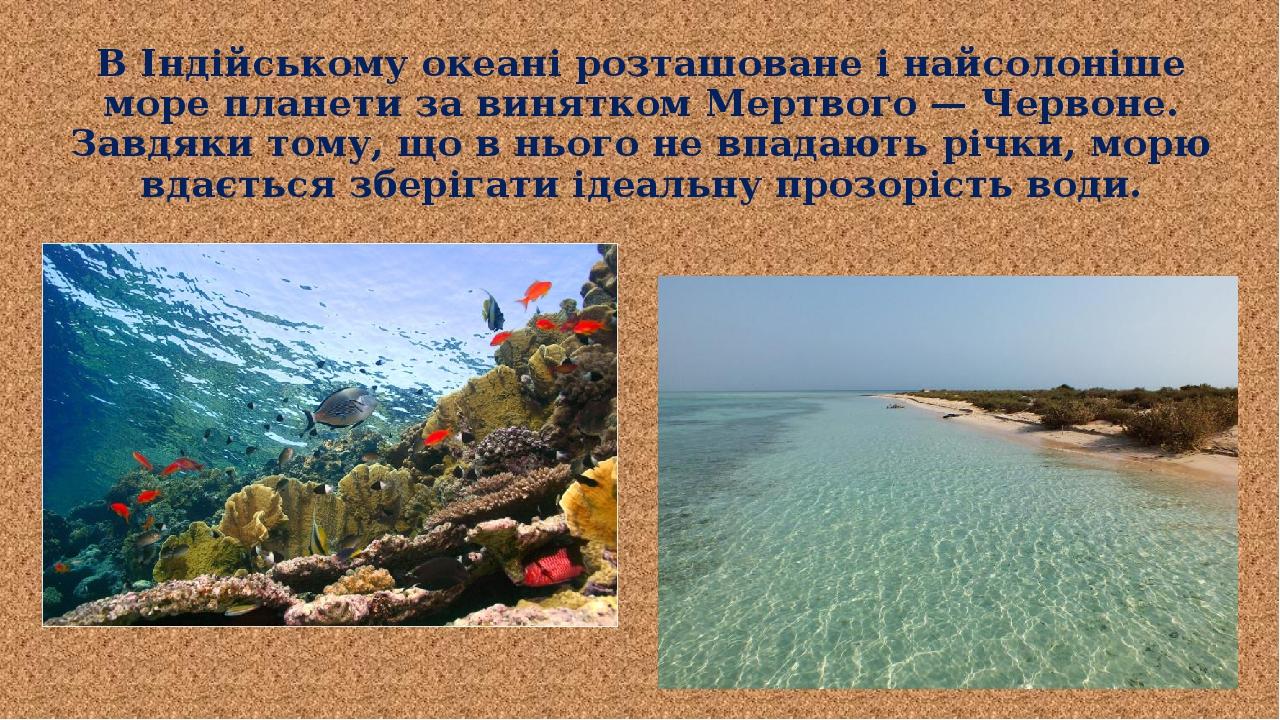 В Індійському океані розташоване і найсолоніше море планети за винятком Мертвого — Червоне. Завдяки тому, що в нього не впадають річки, морю вдаєть...