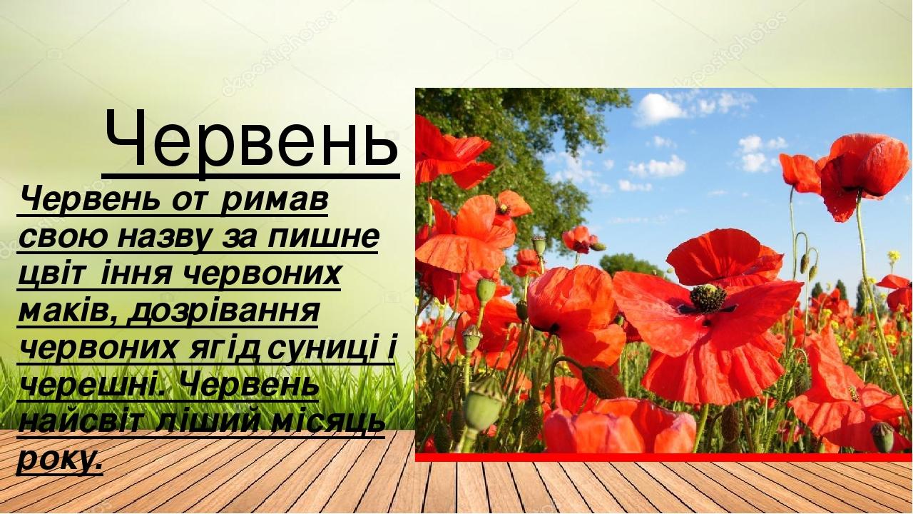 Червень Червень отримав свою назву за пишне цвітіння червоних маків, дозрівання червоних ягід суниці і черешні. Червень найсвітліший місяць року.