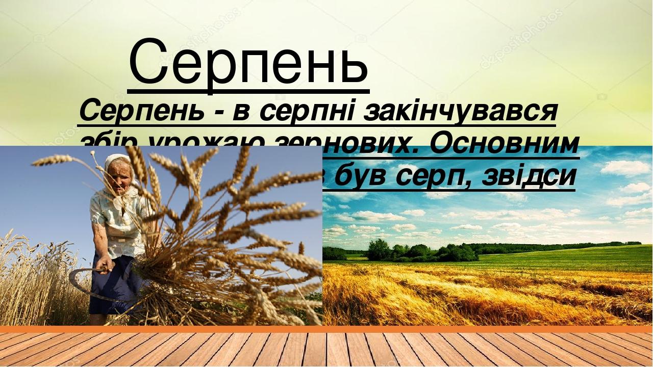 Серпень Серпень - в серпні закінчувався збір урожаю зернових. Основним знаряддям жнив був серп, звідси і назва серпень.