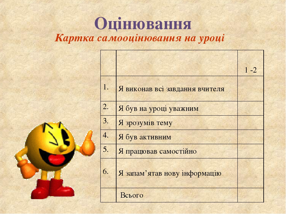 Оцінювання Картка самооцінювання на уроці   1 -2 1. Я виконав всі завдання вчителя 2. Я був на уроці уважним 3. Я зрозумів тему 4. Я був активним 5...