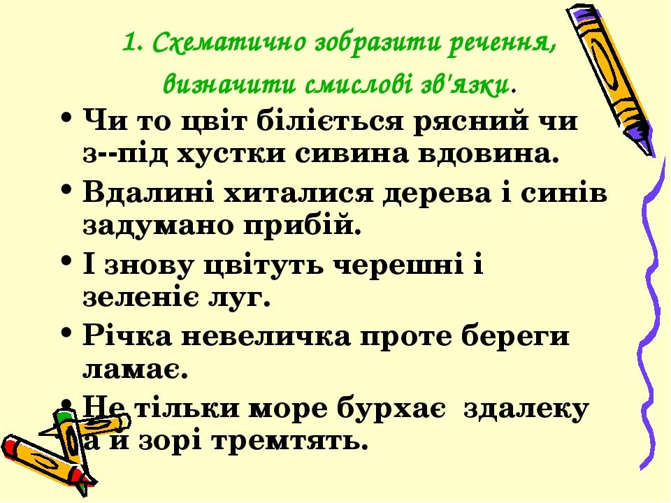 1. Схематично зобразити речення, визначити смислові зв'язки. Чи то цвіт біліється рясний чи з--під хустки сивина вдовина. Вдалині хиталися дерева і...