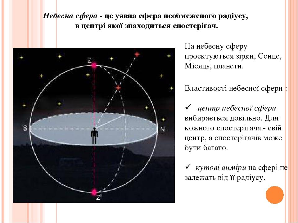 Небесна сфера - це уявна сфера необмеженого радіусу, в центрі якої знаходиться спостерігач. Властивості небесної сфери :  центр небесної сфери виб...
