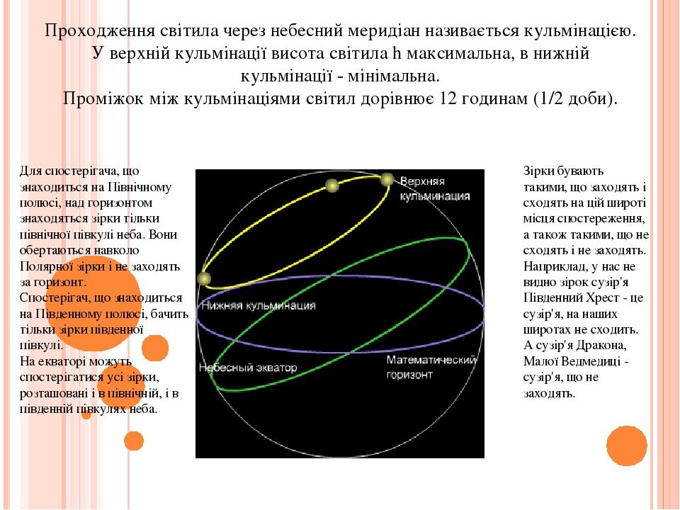 Проходження світила через небесний меридіан називається кульмінацією. У верхній кульмінації висота світила h максимальна, в нижній кульмінації - мі...