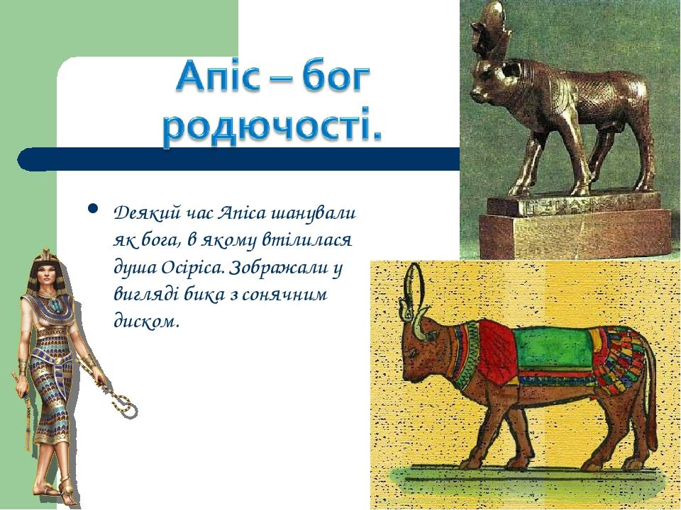 Деякий час Апіса шанували як бога, в якому втілилася душа Осіріса. Зображали у вигляді бика з сонячним диском.