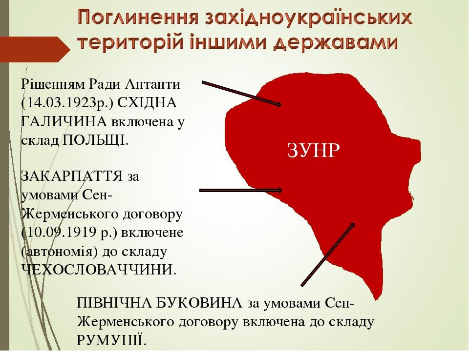 ЗУНР Рішенням Ради Антанти (14.03.1923р.) СХІДНА ГАЛИЧИНА включена у склад ПОЛЬЩІ. ЗАКАРПАТТЯ за умовами Сен-Жерменського договору (10.09.1919 р.) ...