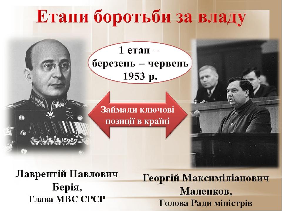 Георгій Максиміліанович Маленков, Голова Ради міністрів Лаврентій Павлович Берія, Глава МВС СРСР