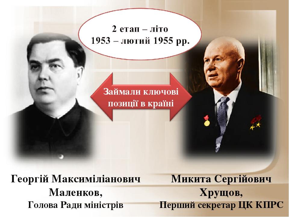 Микита Сергійович Хрущов, Перший секретар ЦК КПРС Георгій Максиміліанович Маленков, Голова Ради міністрів
