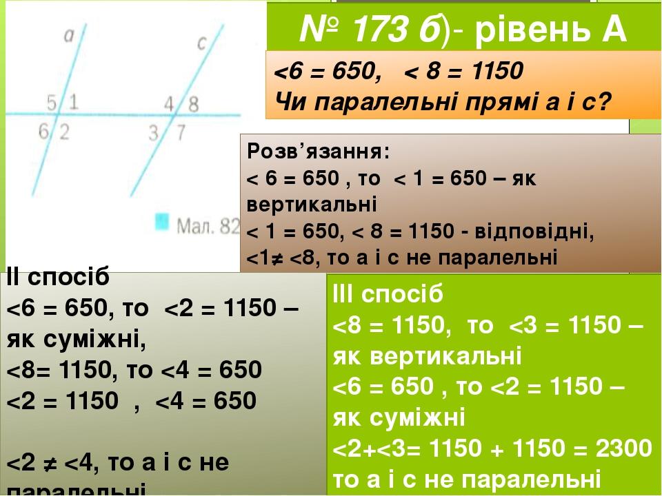 № 173 б)- рівень А <6 = 650, < 8 = 1150 Чи паралельні прямі а і с? Розв’язання: < 6 = 650 , то < 1 = 650 – як вертикальні < 1 = 650, < 8 = 1150 - в...