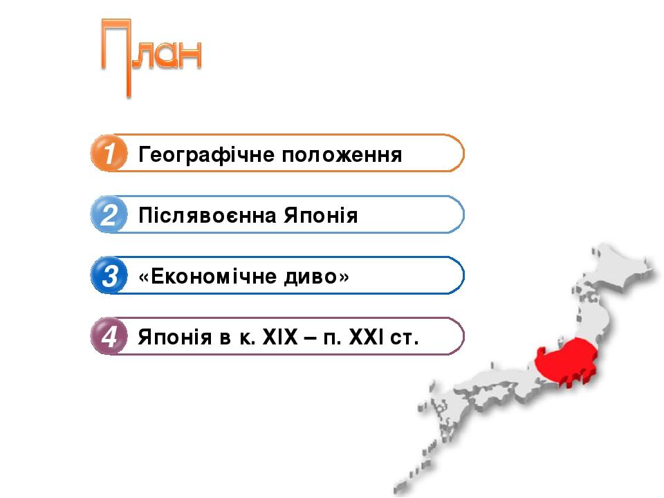 1 2 3 4 Географічне положення Післявоєнна Японія «Економічне диво» Японія в к. ХІХ – п. ХХІ ст.