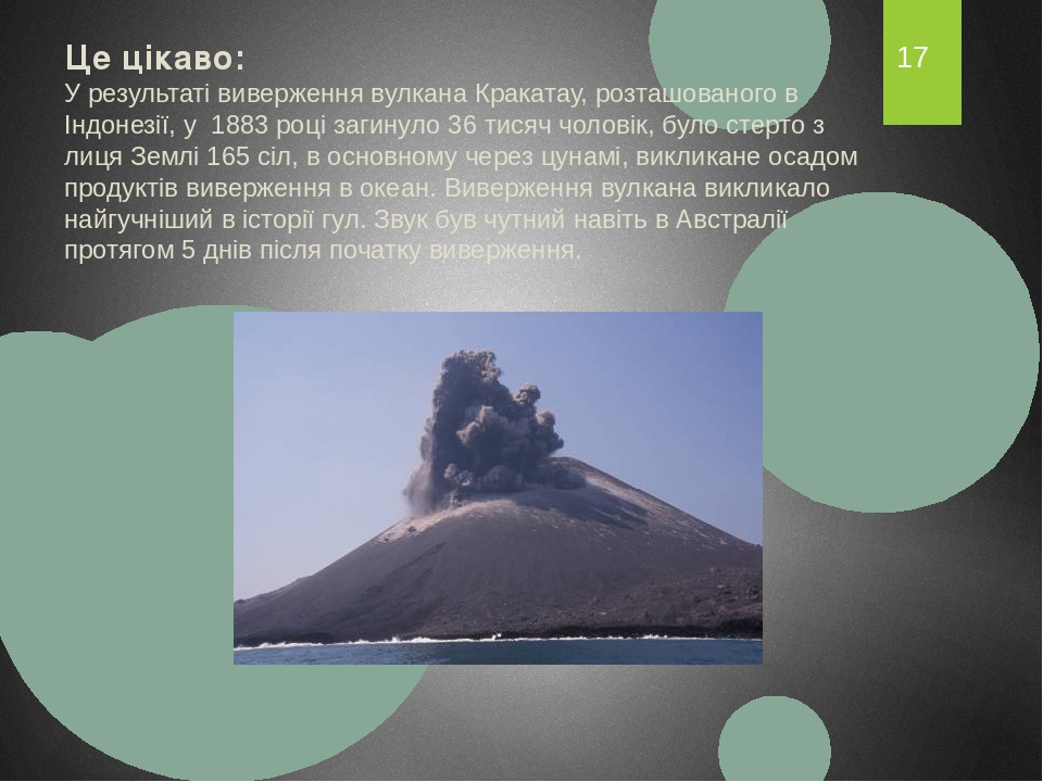 Це цікаво: У результаті виверження вулкана Кракатау, розташованого в Індонезії, у 1883 році загинуло 36 тисяч чоловік, було стерто з лиця Землі 165...