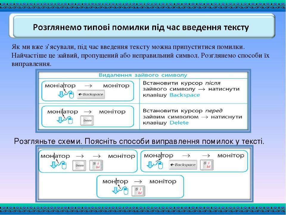 Як ми вже з’ясували, під час введення тексту можна припуститися помилки. Найчастіше це зайвий, пропущений або неправильний символ. Розглянемо спосо...