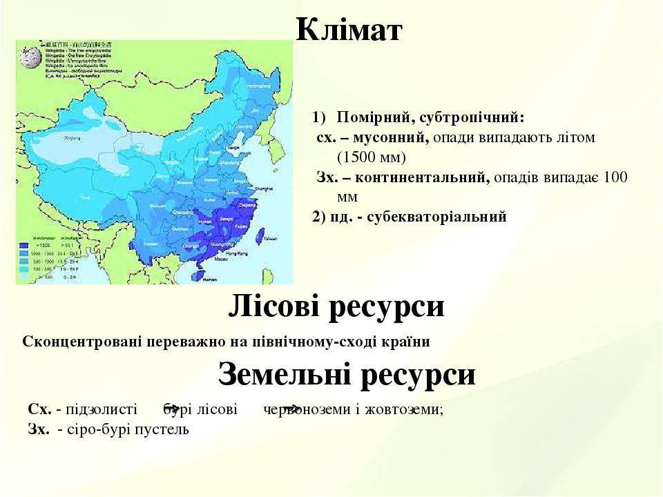 Клімат Помірний, субтропічний: сх. – мусонний, опади випадають літом (1500 мм) Зх. – континентальний, опадів випадає 100 мм 2) пд. - субекваторіаль...