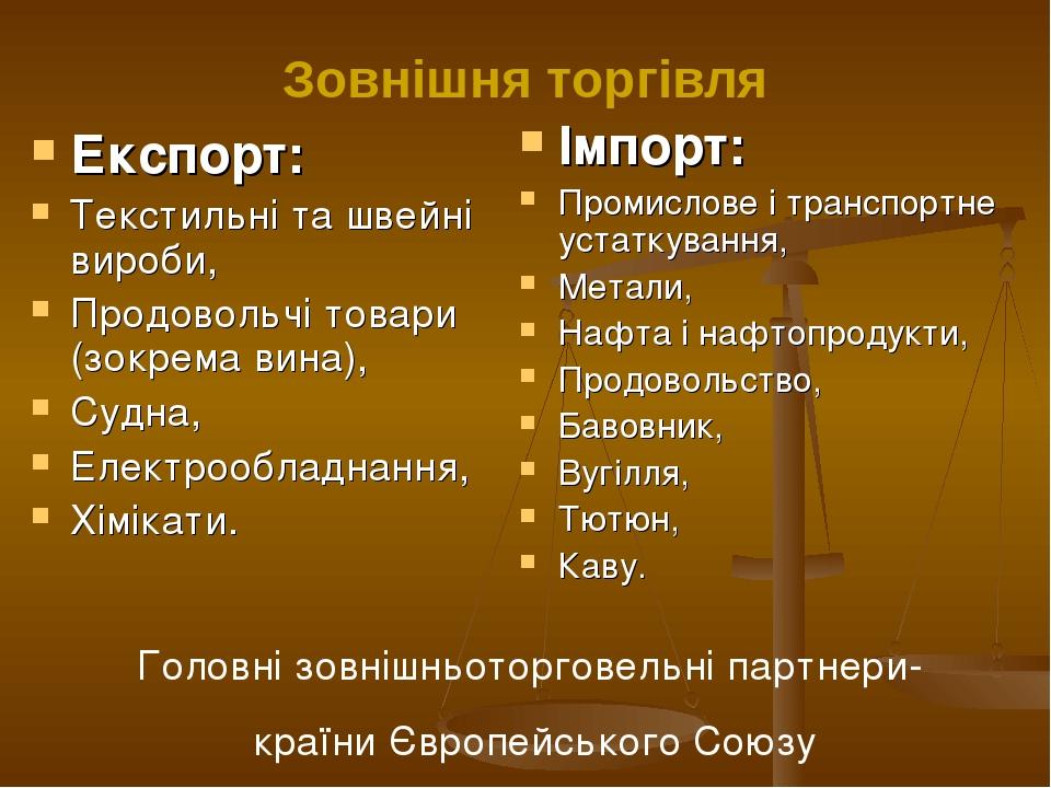 Зовнішня торгівля Експорт: Текстильні та швейні вироби, Продовольчі товари (зокрема вина), Судна, Електрообладнання, Хімікати. Імпорт: Промислове і...