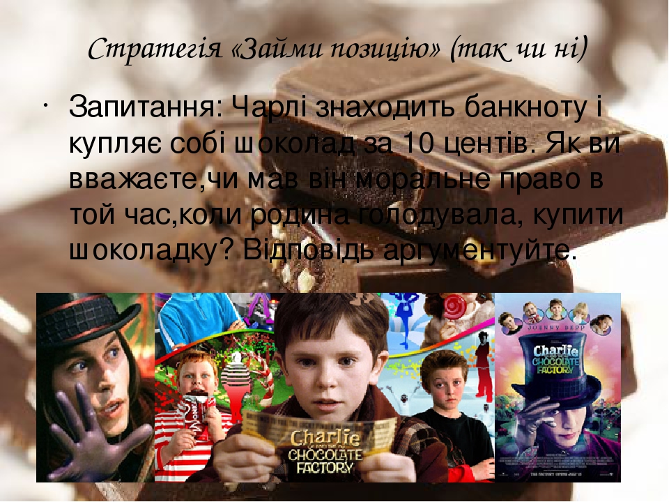 Стратегія «Займи позицію» (так чи ні) Запитання: Чарлі знаходить банкноту і купляє собі шоколад за 10 центів. Як ви вважаєте,чи мав він моральне пр...