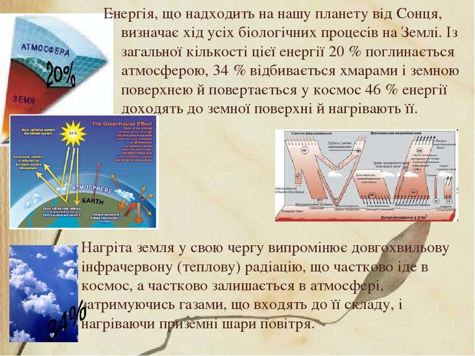 Нагріта земля у свою чергу випромінює довгохвильову інфрачервону (теплову) радіацію, що частково іде в космос, а частково залишається в атмосфері, ...