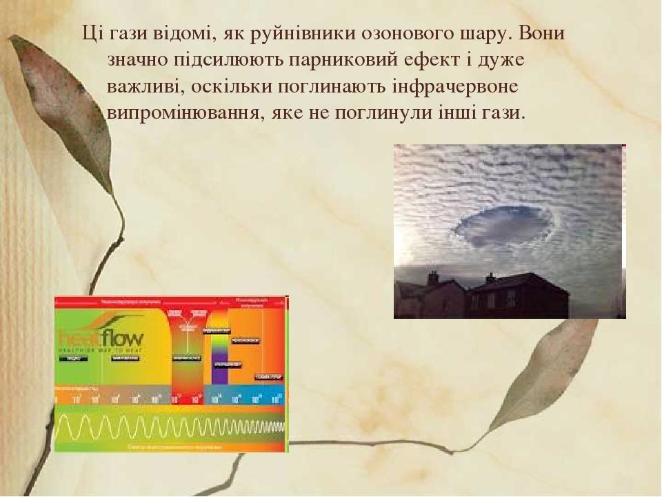 Ці гази відомі, як руйнівники озонового шару. Вони значно підсилюють парниковий ефект і дуже важливі, оскільки поглинають інфрачервоне випромінюван...